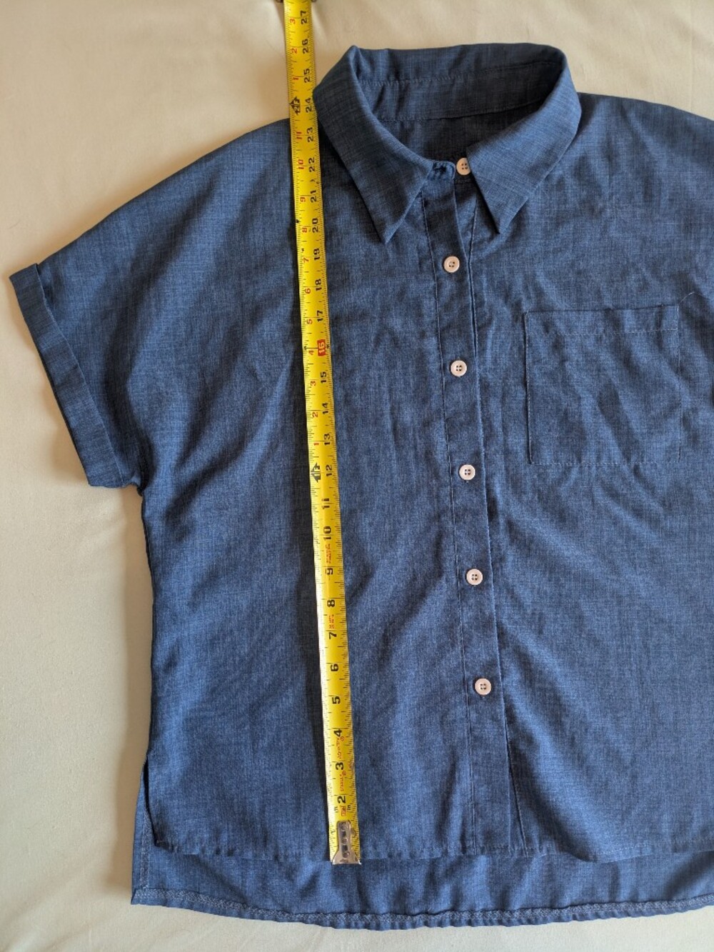 Classic Short-Sleeve Chambray Look Button-Up Shirt in Blue - Picture 9 of 12